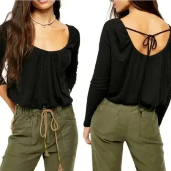 Free People Bondi Thermal Back Tie Scoop Neck Women's Black‎ Long Sleeve Top - Picture 1 of 6